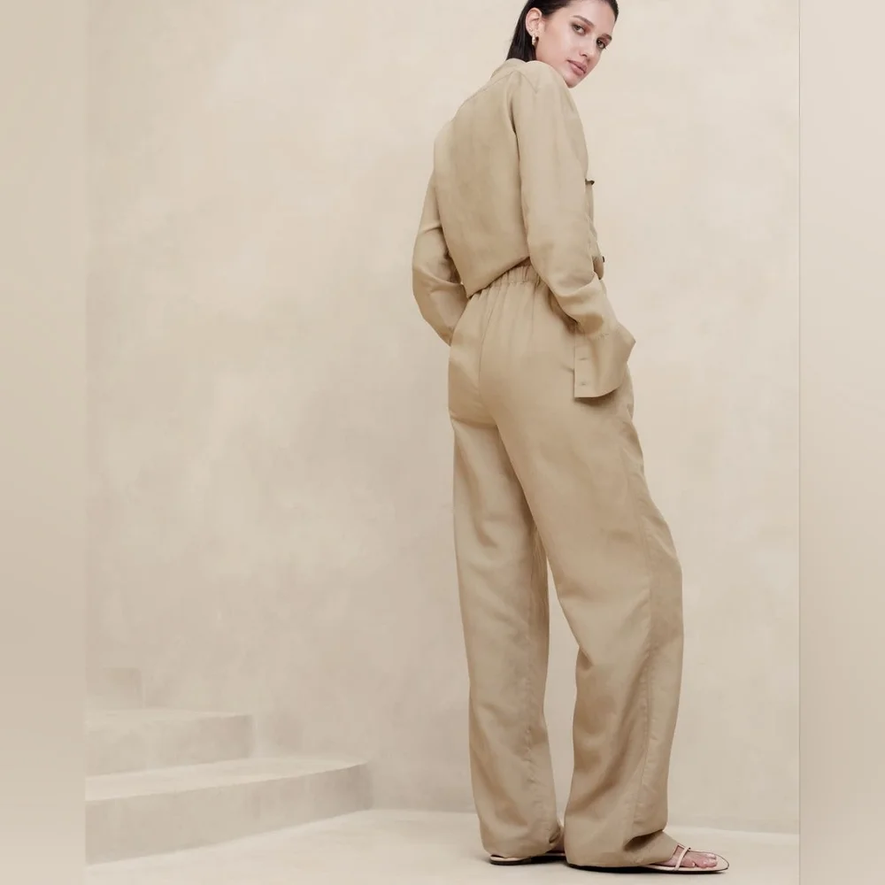 Banana Republic Pants 2024 Womens Large Wide Leg Relaxed Tencel Linen Khaki Tan